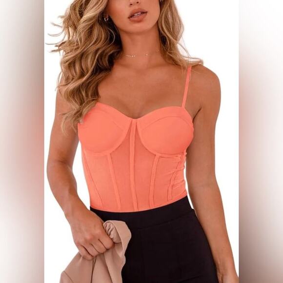 Orange Mesh Spaghetti Strap Slimming Bodysuit - Picture 1 of 9